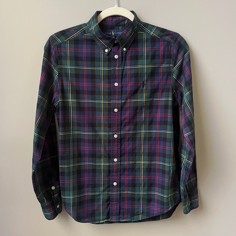Ralph Lauren Button Down Shirt Boy's Large 14-16 Plaid Green Navy Blue Preppy
